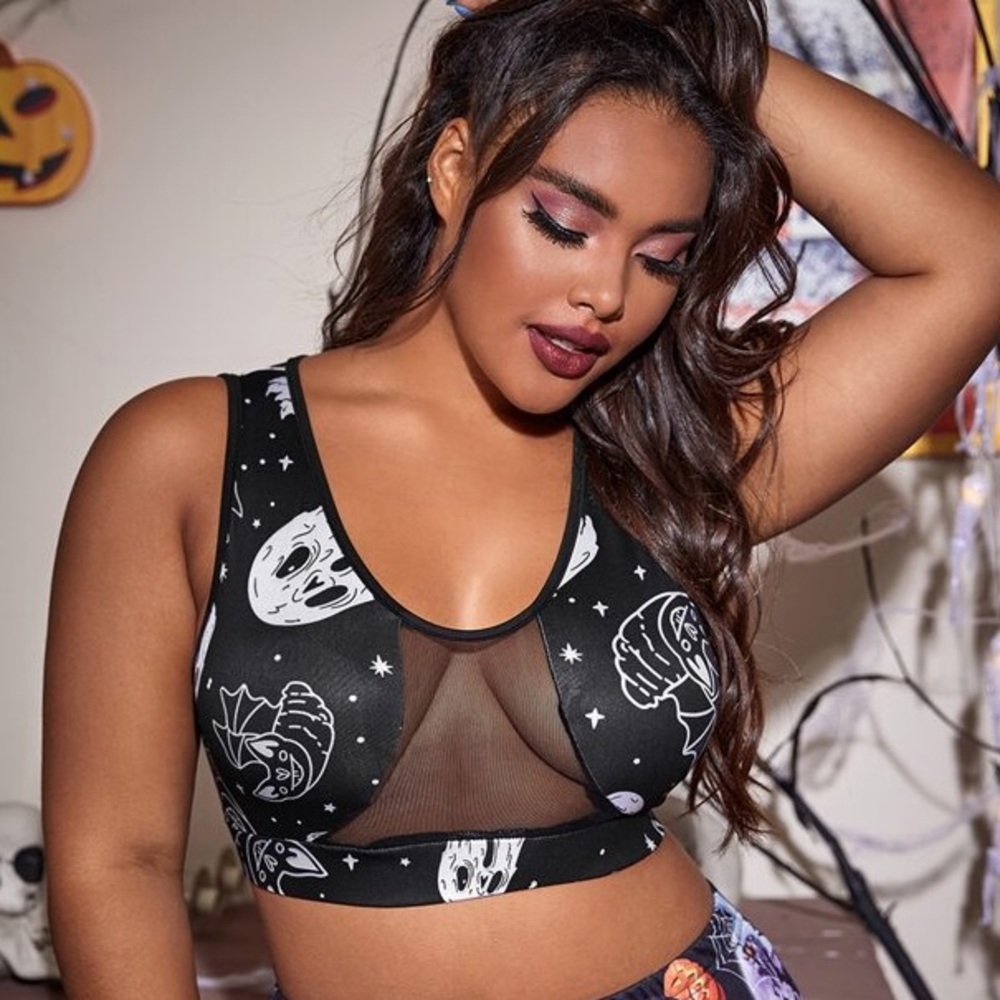 👻Plus Halloween Print Mesh Bralette 🦇